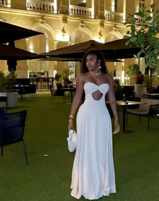 Robe de soirée longue blanche simple coupe trapèze à décolleté en cœur, DP3756