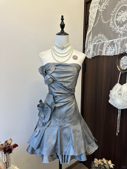 Chic Silver Strapless A-Line Floral Appliques Ruffled Homecoming Dress Party Dress Cocktail Dress DP7104