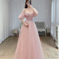 Pink Off Shoulder A-Line Tulle Long Prom Dress Evening Gown DP3965