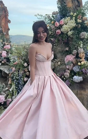 Elegant Pink Sweetheart Strapless Corset Satin Floor Length Ball Gown DP8662