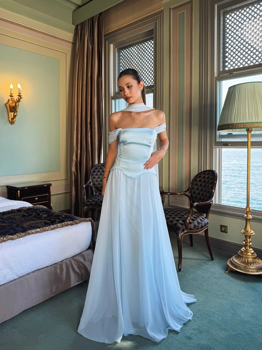Vintage Off-the-Shoulder Satin & Chiffon Prom Dress Draped Neck Scarf Evening Gown DP8144