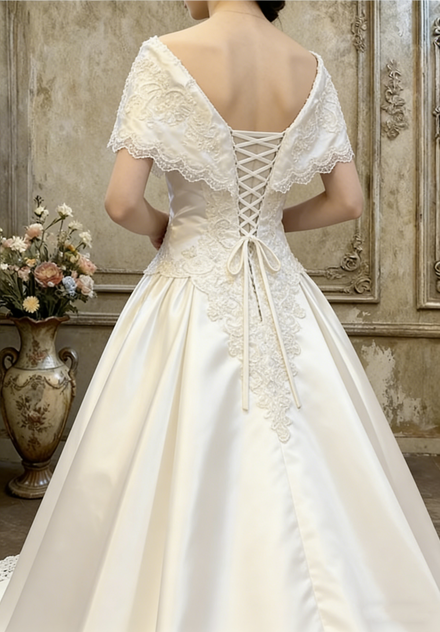 Vintage Ivory Satin Off-the-Shoulder Lace Capelet A-Line Wedding Dress DP8065