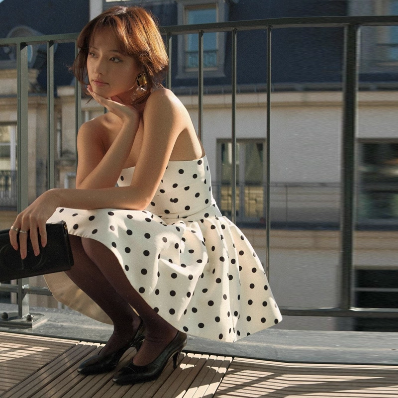 Vintage Dot Pattern Strapless A-Line Short Summer Dresses Party Dress Homecoming Dress DP6392