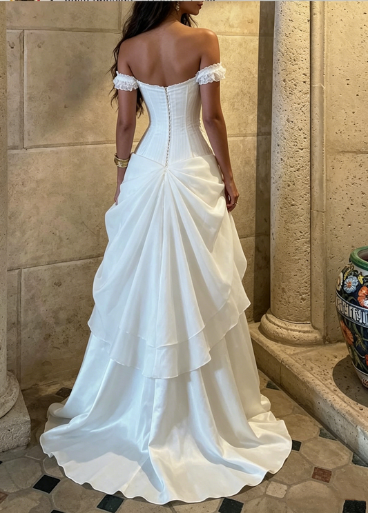 Romantic Off-the-Shoulder Satin A-Line Bridal Gown Corset Lace-Up Back Wedding Dress DP8432