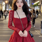 Vintage Burgundy Lace Long-sleeve A-Line Tiered Homecoming Dress Party Dress Cocktail Dress DP6706