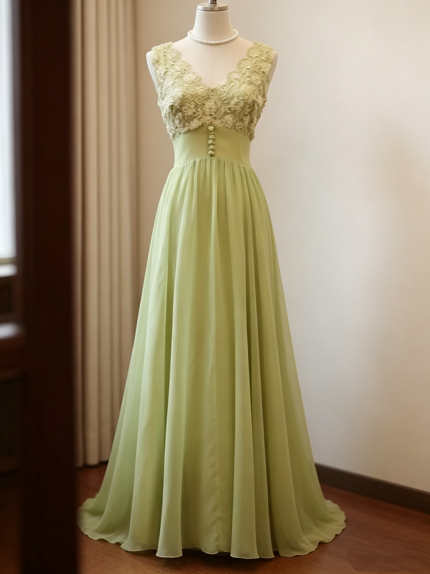 Glamorous Sage Green Lace V-Neck Chiffon A-Line Long Evening Dress DP8379