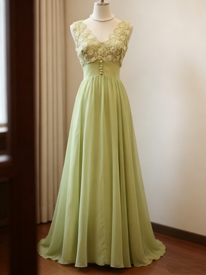 Glamorous Sage Green Lace V-Neck Chiffon A-Line Long Evening Dress DP8379