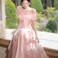 Elegantes pinkfarbenes, schulterfreies Satin-Rüschen-Oberteil A-Linien-Brautjungfernkleid DP8369