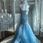 Stunning Light Blue Beaded Mermaid Evening Dress 3D Floral Prom Gown DP7864