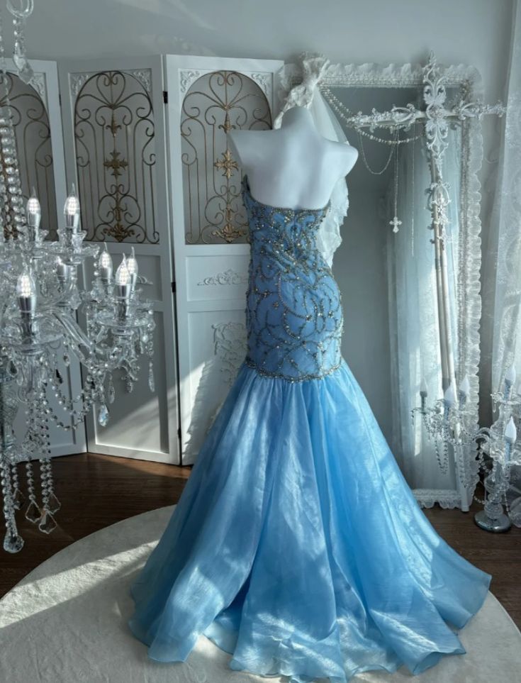 Stunning Light Blue Beaded Mermaid Evening Dress 3D Floral Prom Gown DP7864