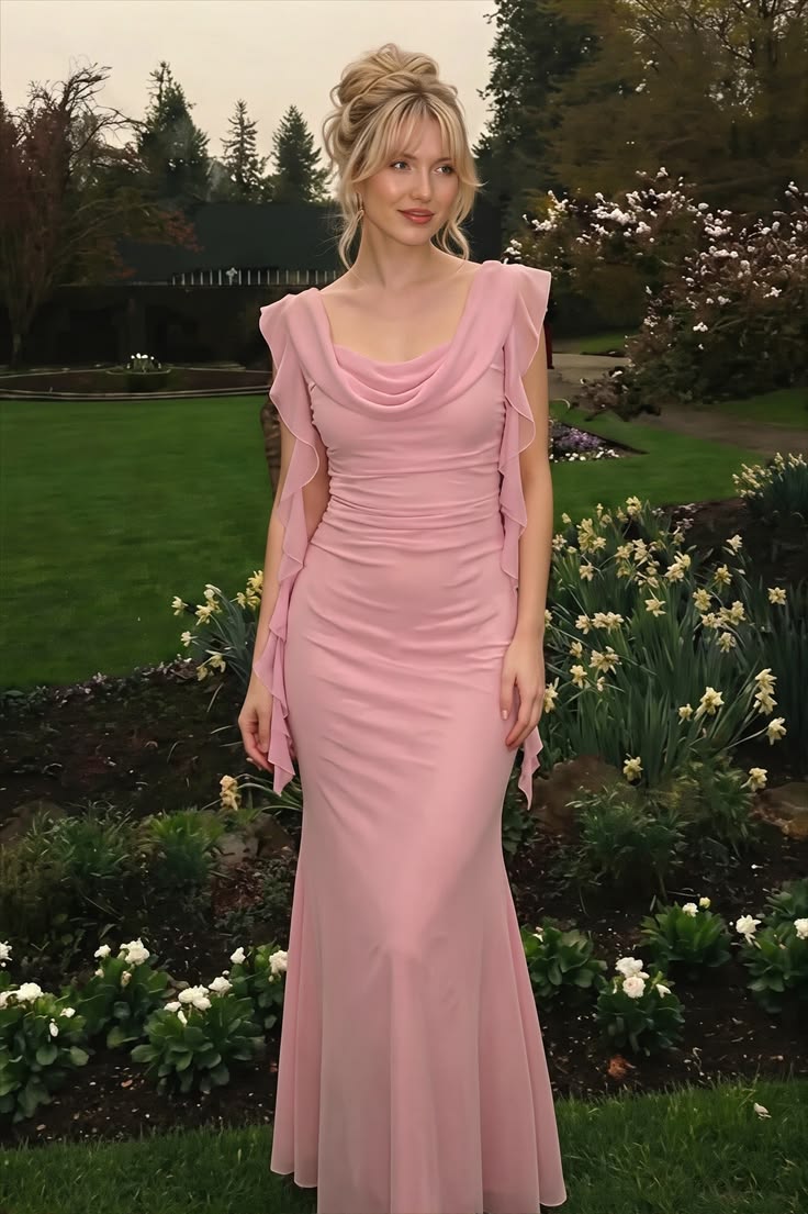 Elegant Pink Cowl Neck Ruffle Cap Sleeve Mermaid Ruched Chiffon Evening Gown DP8638