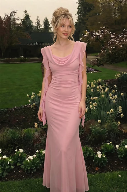 Elegant Pink Cowl Neck Ruffle Cap Sleeve Mermaid Ruched Chiffon Evening Gown DP8638