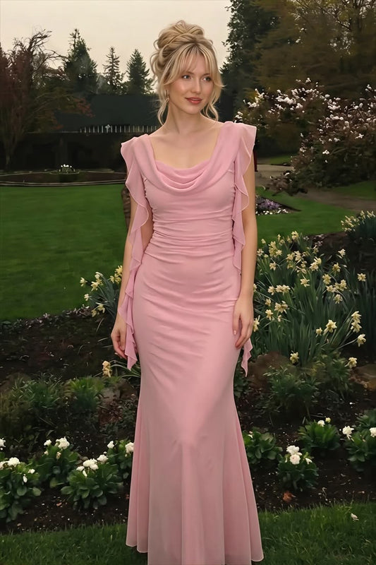 Élégante robe de soirée sirène en mousseline froissée rose, à col bénitier, manches courtes à volants DP8638