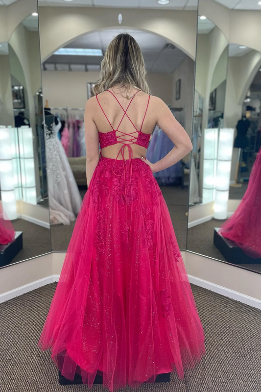 Fuchsia A-line Tulle Scoop Neckline Applique Slit Long Prom Dress,DP025