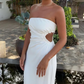 White Strapless Cut Out Elegant Party Dress with Slit, DP2417