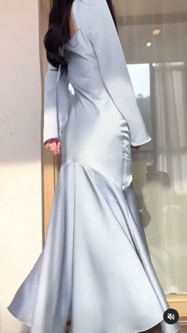 Light Blue Long Sleeves Mermaid Satin Long Party Dress Evening Gown, DP3497