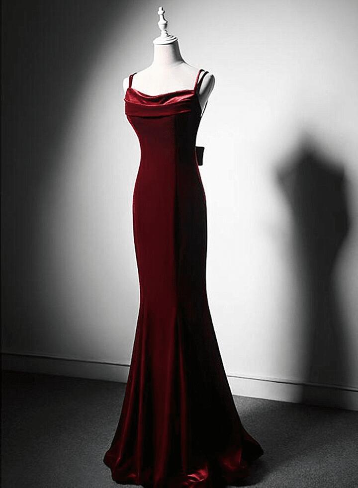 Wine Red Straps Mermaid Long Prom Dress Velvet Evening Gown, DP3295