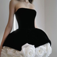 Black Strapless A-Line 3D Flower Mini Evening Party Dress, DP2813