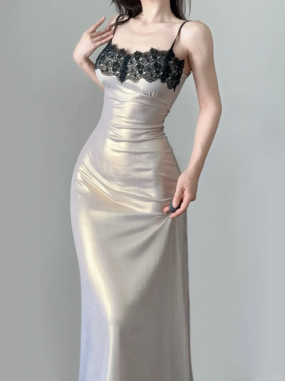 Sexy Champagne Spaghetti Straps Sheath Lace Satin Long Evening Party Dress, DP5367