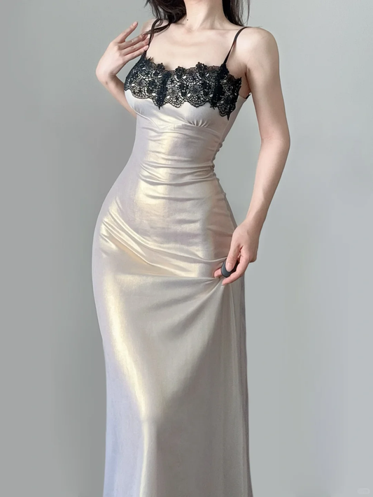 Sexy Champagne Spaghetti Straps Sheath Lace Satin Long Evening Party Dress, DP5367