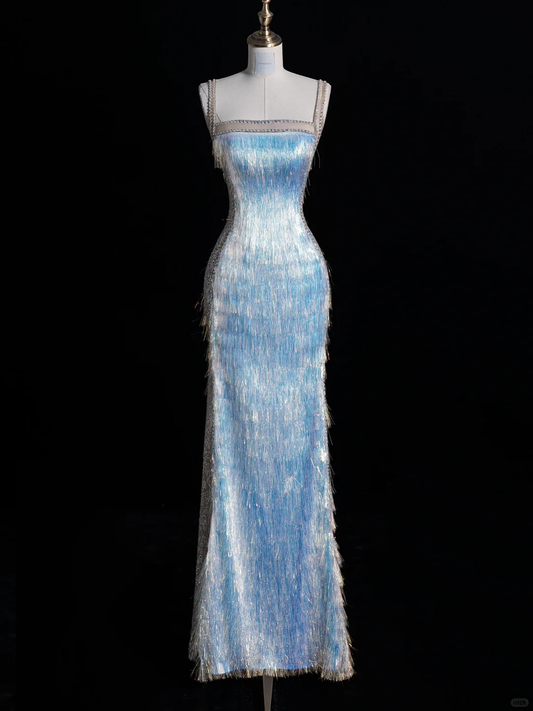 Fariy Blue Straps Mermaid Tassel Long Evening Party Dresses Birthday Outfits, DP5459