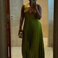 Green Halter Satin Backless Long Party Dress Pleated Fashion Dress, DP3588