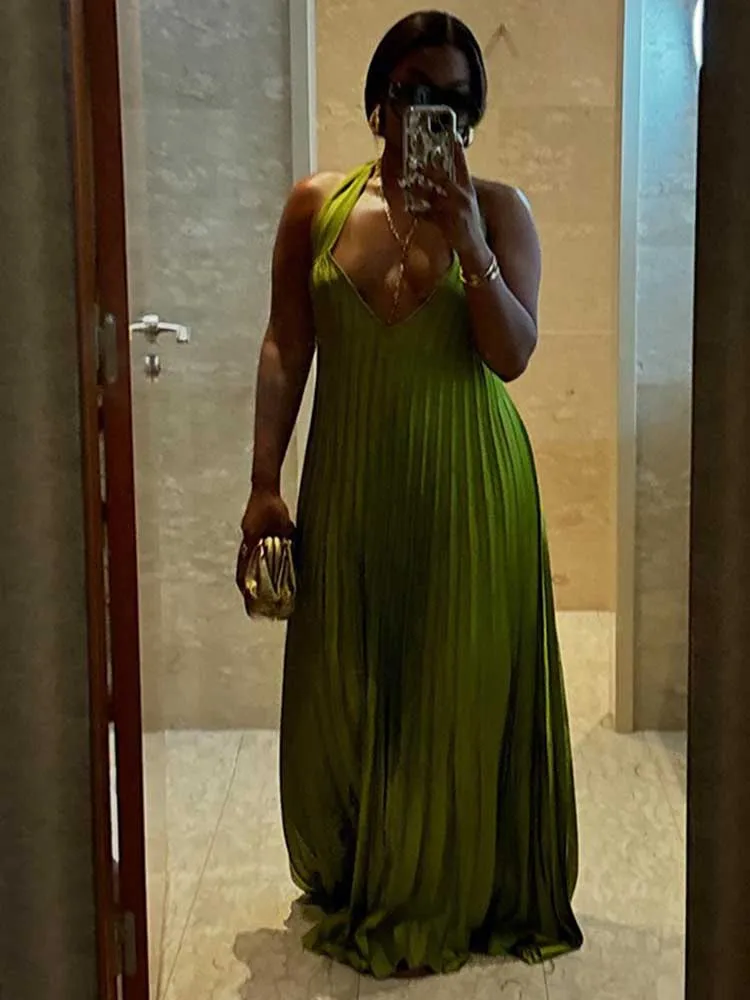 Green Halter Satin Backless Long Party Dress Pleated Fashion Dress, DP3588