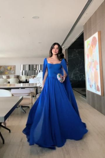 Royal Blue Cape Sleeves A-Line Long Formal Prom Dress Evening Gown, DP3439