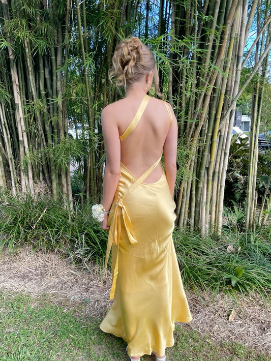 Yellow One Shoulder Backless Party Dress Wedding Guest Dress, DP3673