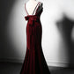 Wine Red Straps Mermaid Long Prom Dress Velvet Evening Gown, DP3295