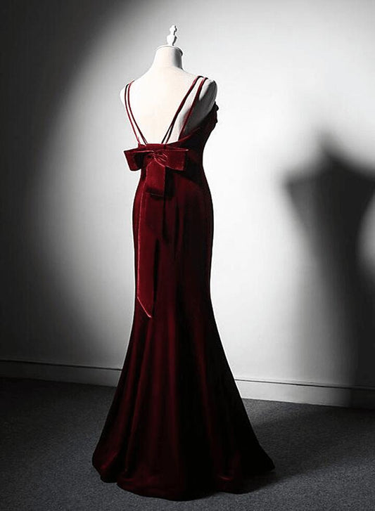 Wine Red Straps Mermaid Long Prom Dress Velvet Evening Gown, DP3295