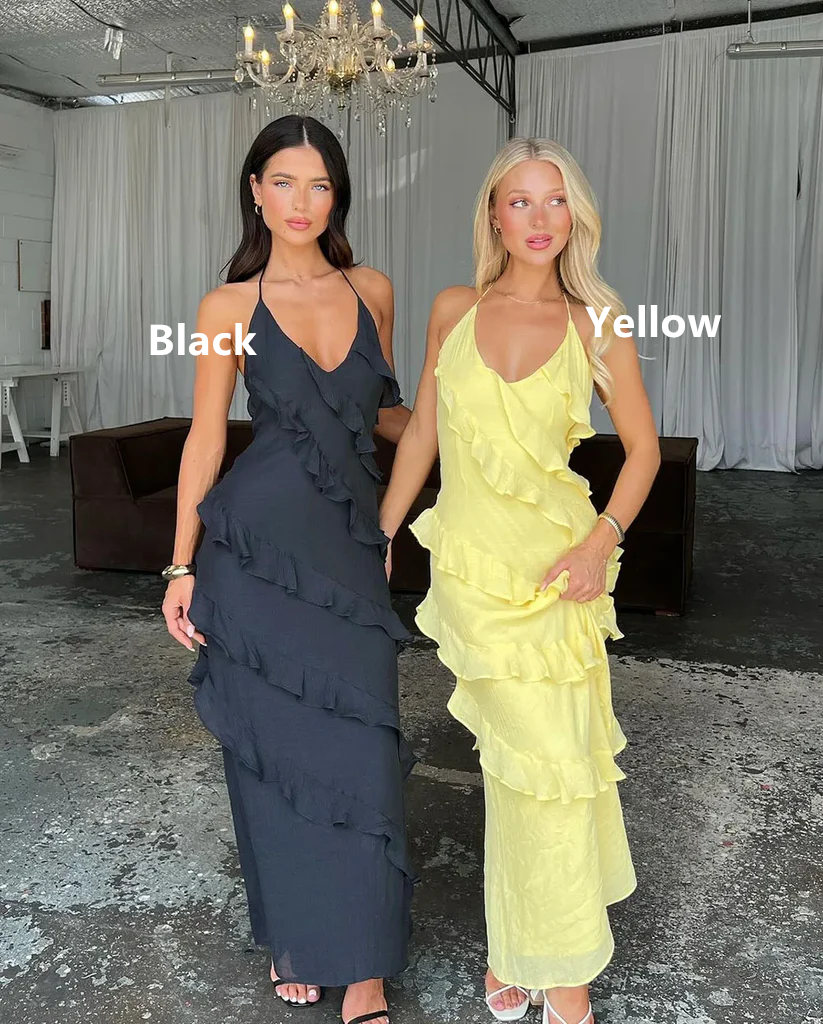 Yellow Halter Sheath Ruffles Long Party Dress Wedding Guest Dress, DP2962