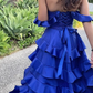 Cute High-Low Off Shoulder A-Line Ruffle Long Party Dress, DP2649