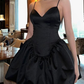 Classy Black Spaghetti Straps A-Line Satin Homecoming Dress, DP2694