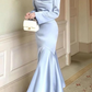 Light Blue Long Sleeves Mermaid Satin Long Party Dress Evening Gown, DP3497