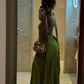 Green Halter Satin Backless Long Party Dress Pleated Fashion Dress, DP3588