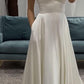 White V Neck A-Line Long Satin Dress Simple Elegant Light Wedding Dress, DP3160