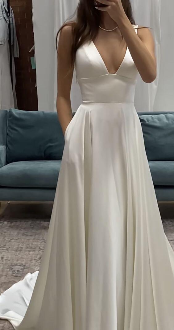 White V Neck A-Line Long Satin Dress Simple Elegant Light Wedding Dress, DP3160