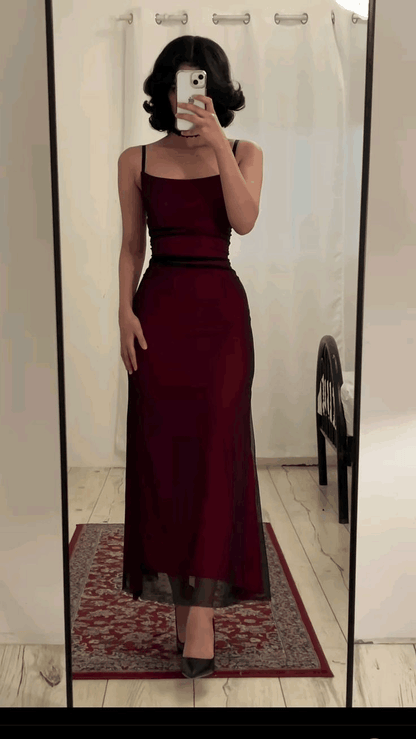 Burgundy Spaghetti Straps Sheath Tulle Long Party Dress, DP2911