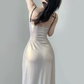 Sexy Champagne Spaghetti Straps Sheath Lace Satin Long Evening Party Dress, DP5367
