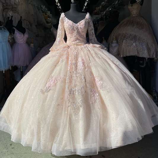 Light Pink Half Sleeves Tulle Sequins Quinceanera Dress Ball Gown, DP2677