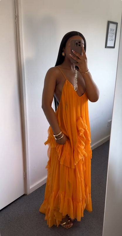 Orange Ruffled Tiered Maxi Dress - Flowy Boho Evening Gown DP3062