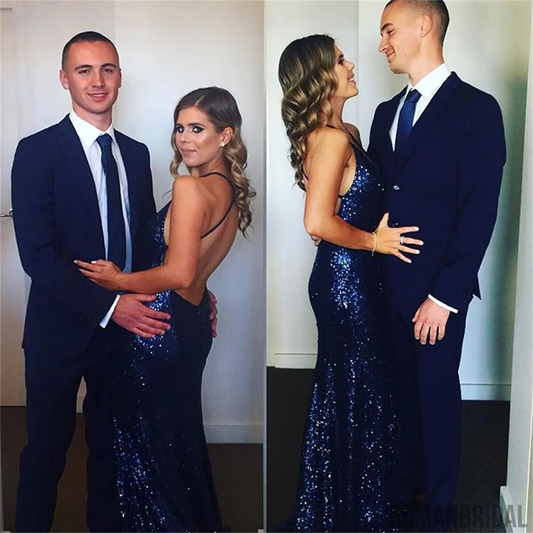 Navy Blue V Neck Mermaid Sequins Sexy Long Evening Dress, DP2614