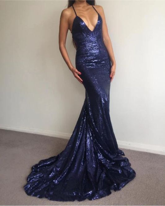 Navy Blue V Neck Mermaid Sequins Sexy Long Evening Dress, DP2614