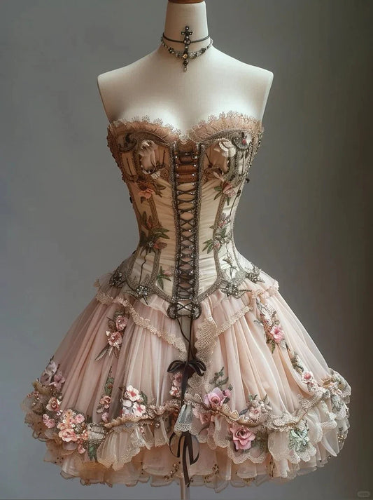 Retro-trägerloses Lolita-Prinzessinnenkleid mit Blumenmuster, A-Linie, Chiffon, Perlenbesetzt, Partykleid, Heimkehrkleid DP6096