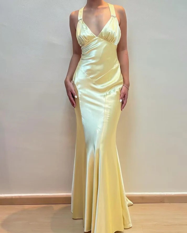 Light Yellow V Neck Vintage Mermaid Long Party Dress, DP2448