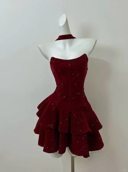 Vintage Burgundy Shiny Beaded A-Line Strapless Homecoming Dress Party Dress Cocktail Dress DP6685