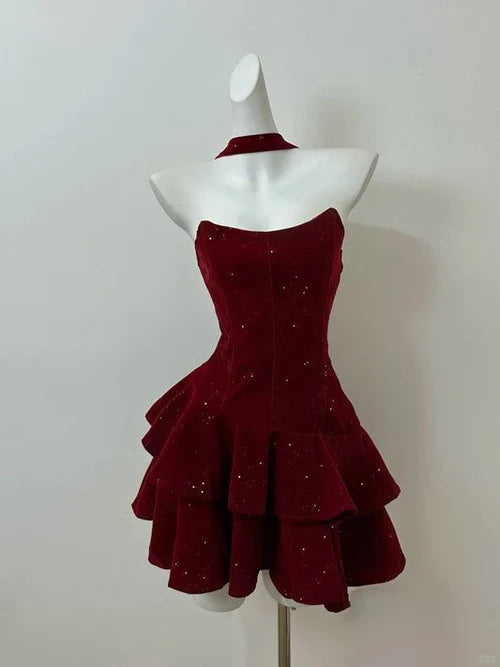 Vintage Burgundy Shiny Beaded A-Line Strapless Homecoming Dress Party Dress Cocktail Dress DP6685
