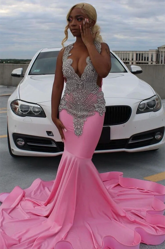 Pink V-Neck Beadings Black Girl Mermaid Long Prom Dress, DP2653