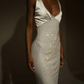 Elegant Ivory V Neck Appliques Sheath Long Evening Party Dress, DP2865